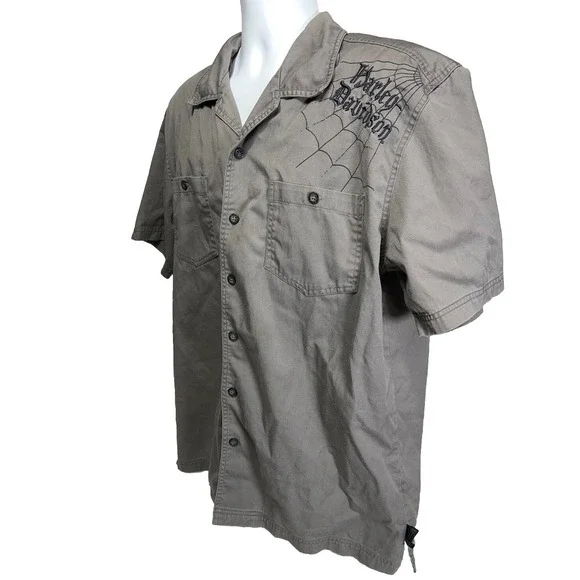 Harley Davidson‎ Short Sleeve Button Up Embroidered Shirt Skulls Flames Large - Picture 6 of 11